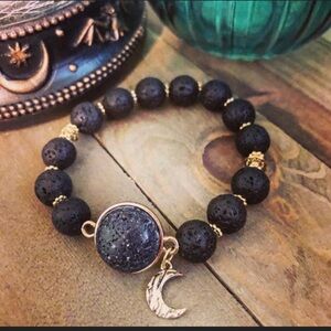 Gemstone Bracelet,Beaded Bracelet,Black Lava bracelet,Moon Gold Charm